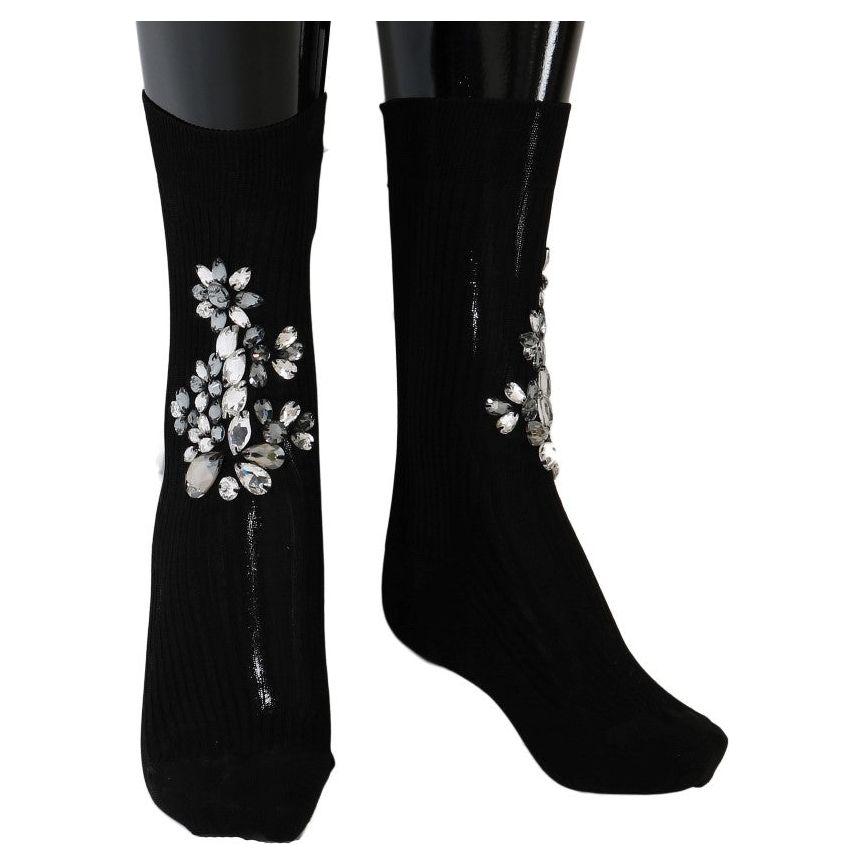 Dolce & Gabbana Black Knitted Floral Clear Crystal Socks 1728,62% Viscose,67345645728,Black,Clothing,Dolce & Gabbana,M,Material: 38% Cotton,New with tags,S,Socks - Underwear - Clothing,Tights & Socks - Women - Clothing,Underwear - Clothing,Women,Women - C