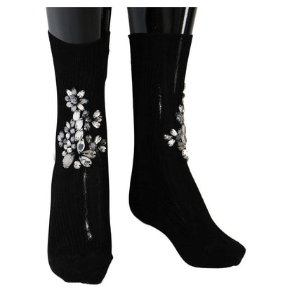Dolce & Gabbana Black Knitted Floral Clear Crystal Socks 1728,62% Viscose,67345645728,Black,Clothing,Dolce & Gabbana,M,Material: 38% Cotton,New with tags,S,Socks - Underwear - Clothing,Tights & Socks - Women - Clothing,Underwear - Clothing,Women,Women - C