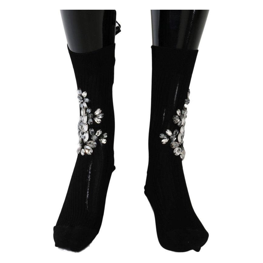 Dolce & Gabbana Black Knitted Floral Clear Crystal Socks 1728,62% Viscose,67345645728,Black,Clothing,Dolce & Gabbana,M,Material: 38% Cotton,New with tags,S,Socks - Underwear - Clothing,Tights & Socks - Women - Clothing,Underwear - Clothing,Women,Women - C