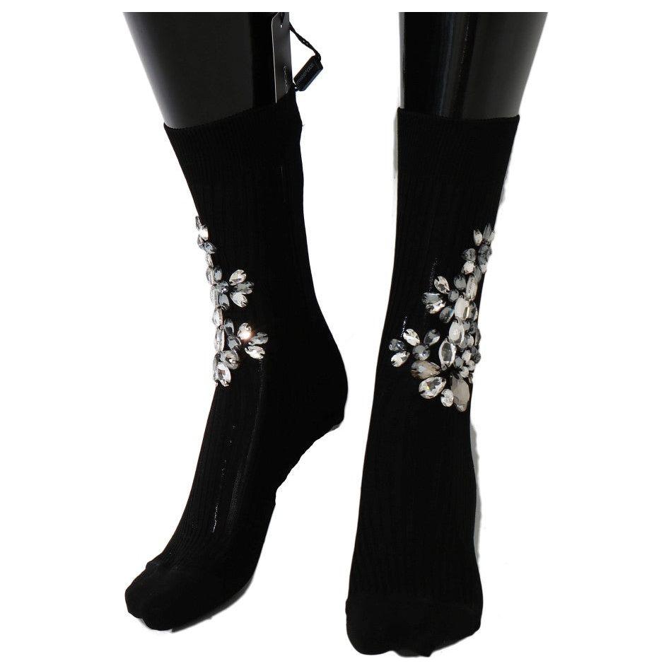 Dolce & Gabbana Black Knitted Floral Clear Crystal Socks 1728,62% Viscose,67345645728,Black,Clothing,Dolce & Gabbana,M,Material: 38% Cotton,New with tags,S,Socks - Underwear - Clothing,Tights & Socks - Women - Clothing,Underwear - Clothing,Women,Women - C