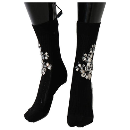 Dolce & Gabbana Black Knitted Floral Clear Crystal Socks 1728,62% Viscose,67345645728,Black,Clothing,Dolce & Gabbana,M,Material: 38% Cotton,New with tags,S,Socks - Underwear - Clothing,Tights & Socks - Women - Clothing,Underwear - Clothing,Women,Women - C