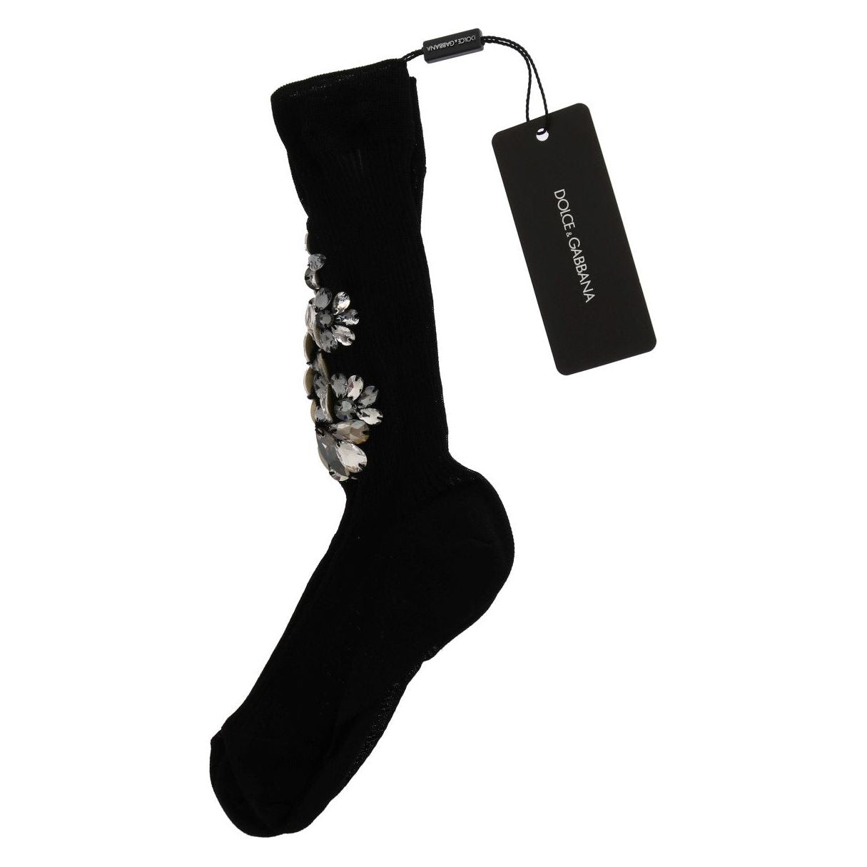 Dolce & Gabbana Black Knitted Floral Clear Crystal Socks 1728,62% Viscose,67345645728,Black,Clothing,Dolce & Gabbana,M,Material: 38% Cotton,New with tags,S,Socks - Underwear - Clothing,Tights & Socks - Women - Clothing,Underwear - Clothing,Women,Women - C