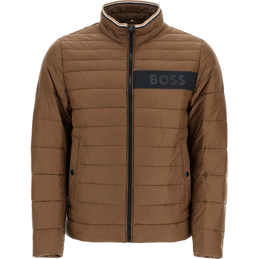 Boss green striped slim down jacket with high collar