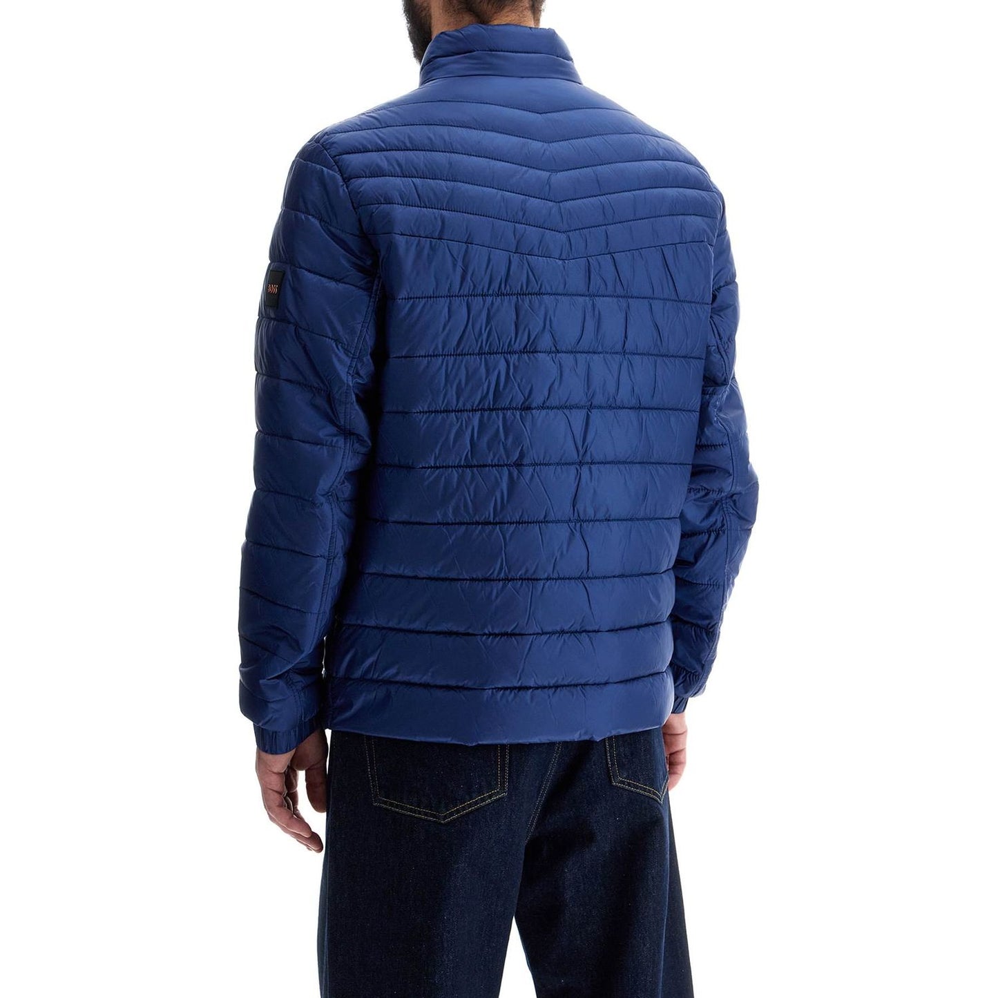 Boss lightweight jacket with horizontal blue stripes and high collar zip