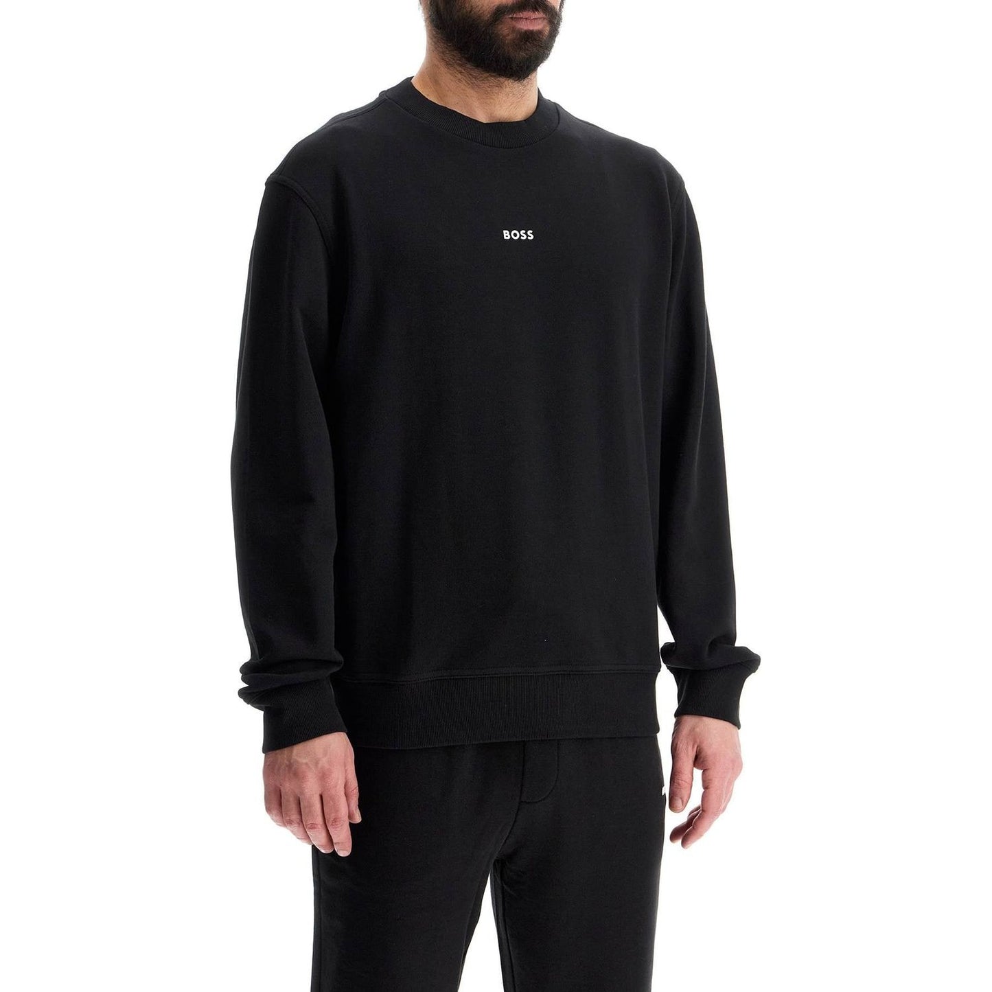 Boss men's black cotton sweatshirt with long sleeves and round neck