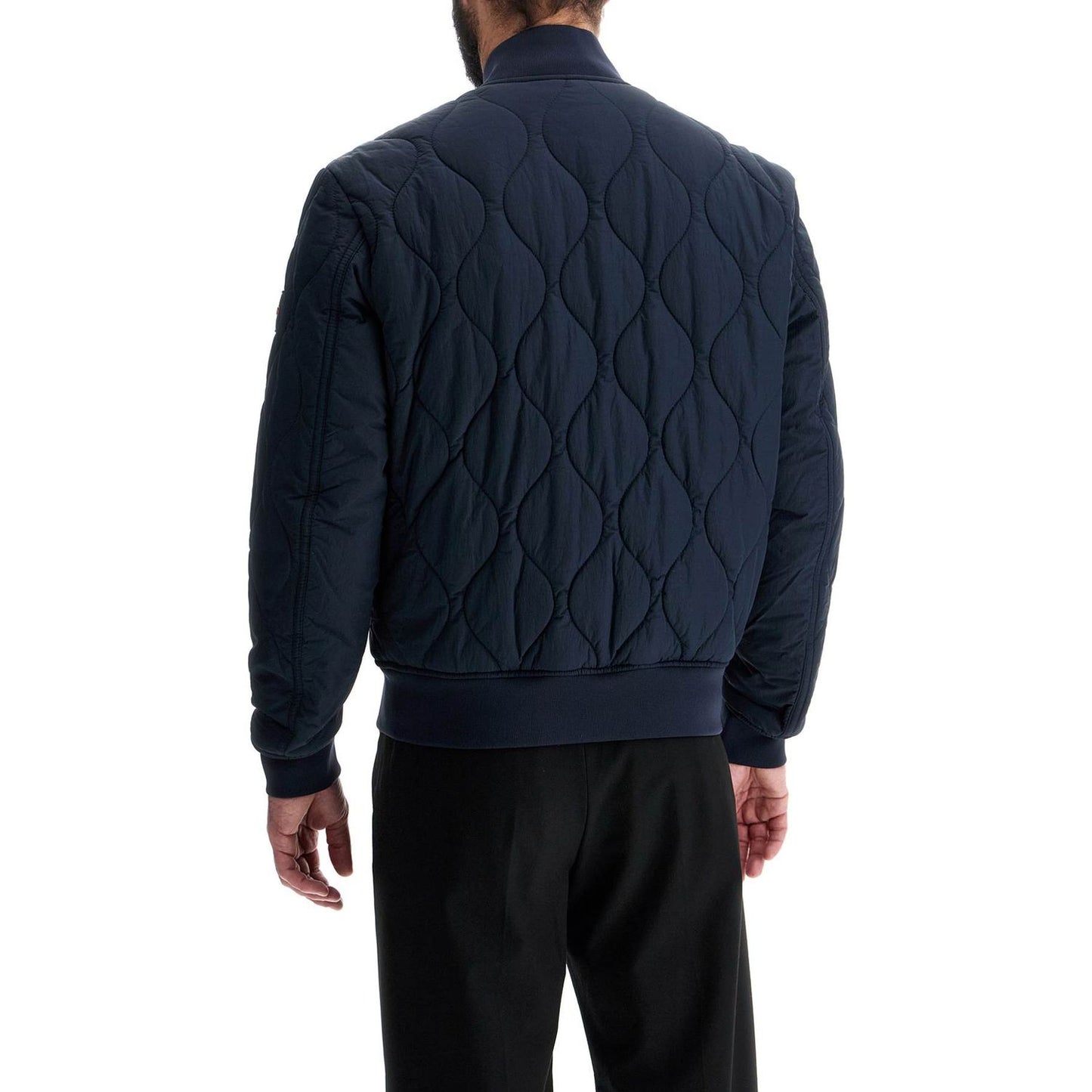 Boss dark blue slim fit quilted down jacket with wavy pattern