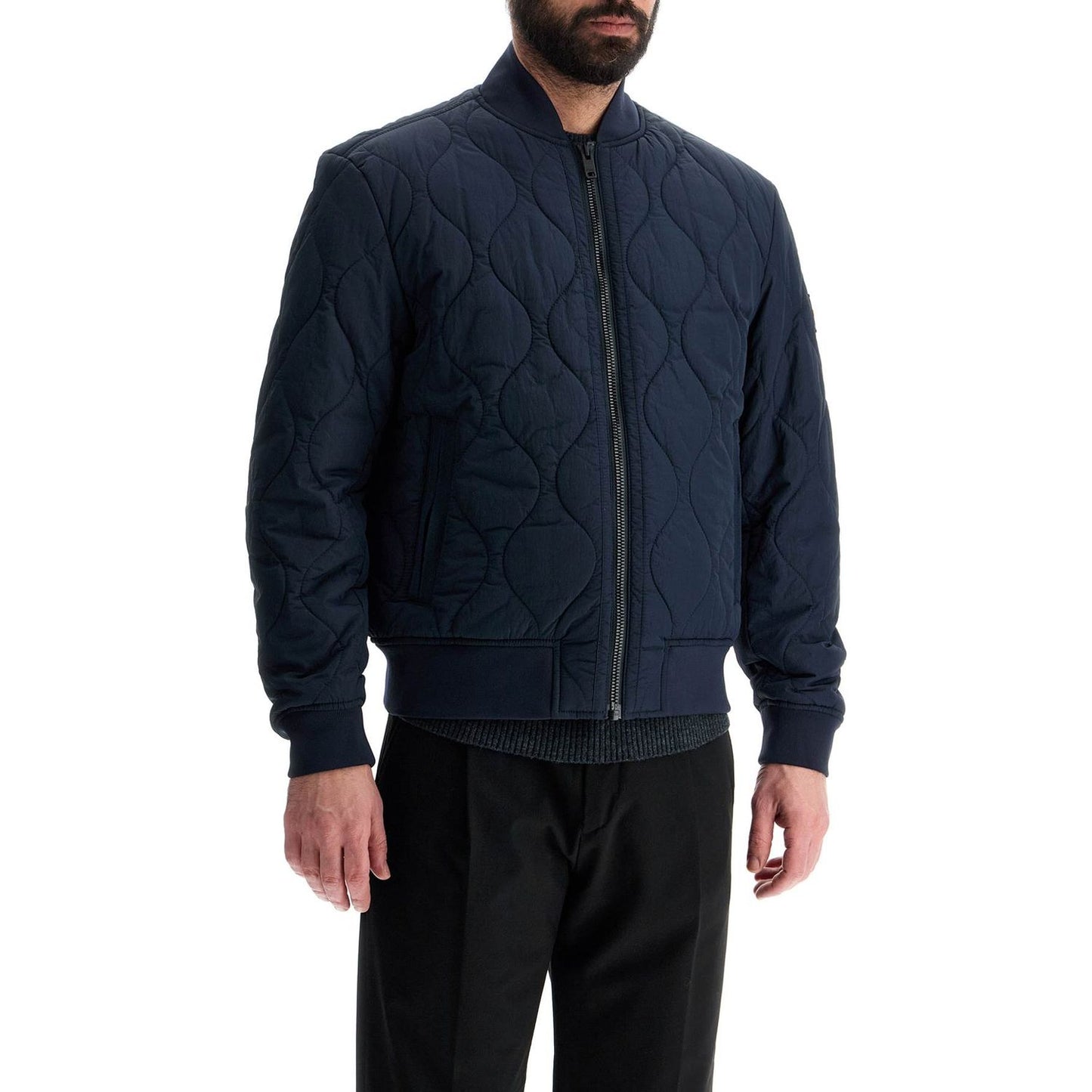 Boss dark blue slim fit quilted down jacket with wavy pattern