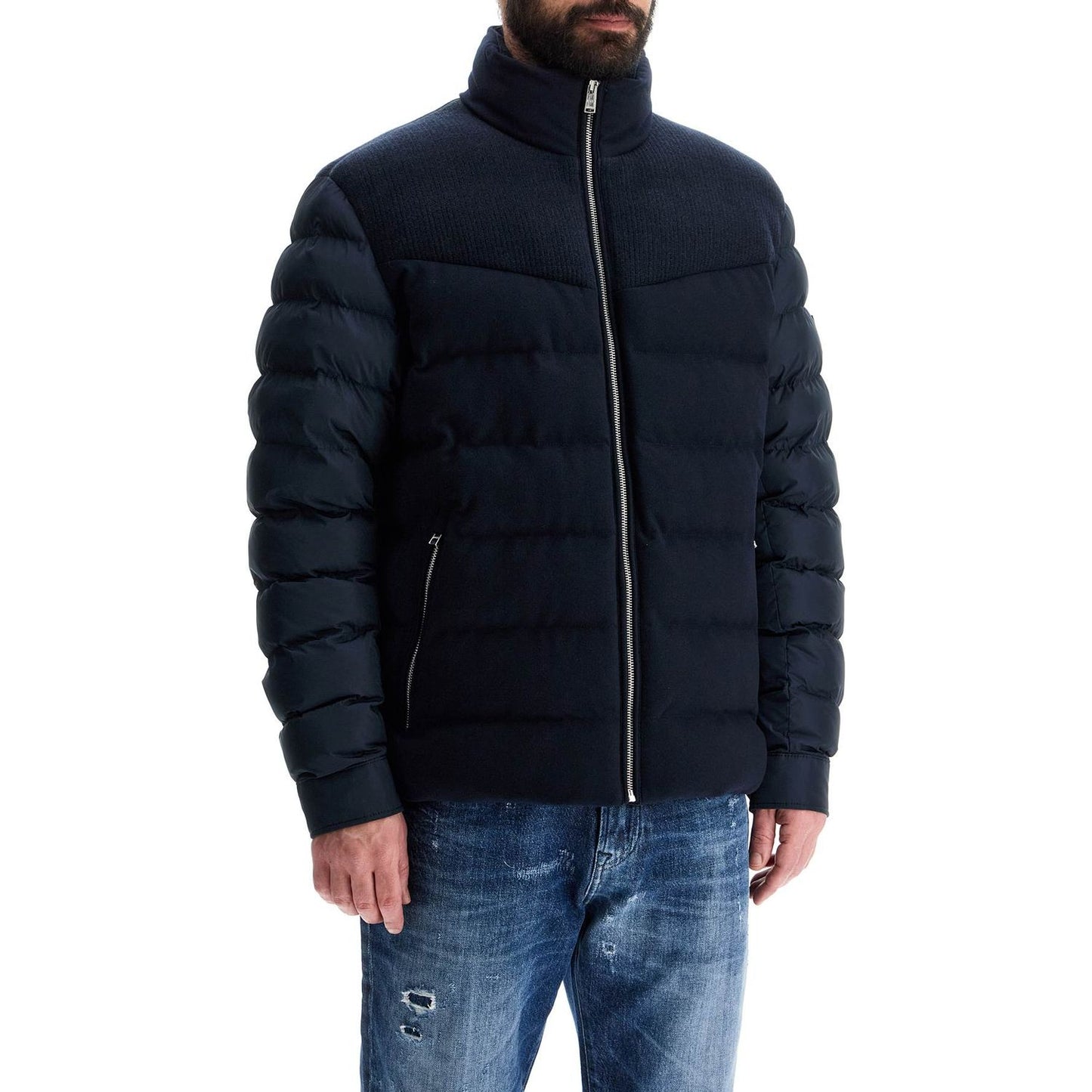 Boss dark blue high collar padded coat h-clanello