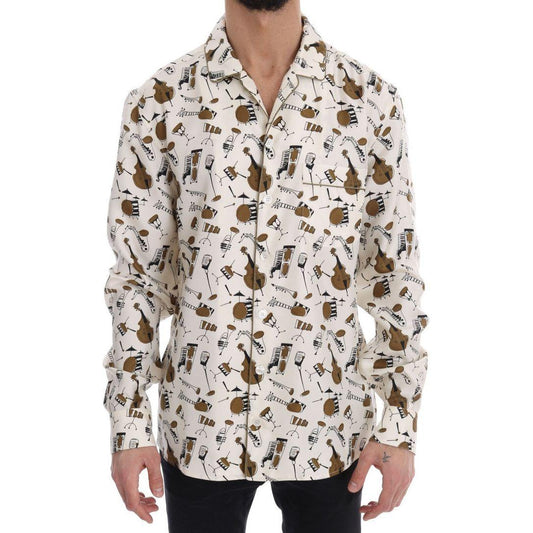 Dolce & Gabbana White Silk JAZZ Motive Print Shirt 1728,38,39,67345645728,Clothing,Dolce & Gabbana,Material: 100% SILK,Men,Men - Clothing,Multicolor,New with tags,Pattern - Shirts - Clothing,Shirts - Clothing,Shirts - Men - Clothing