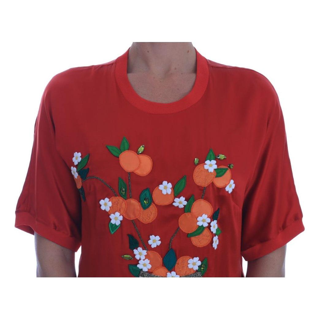 Dolce & Gabbana Red Silk Oranges Floral Crystal Blouse