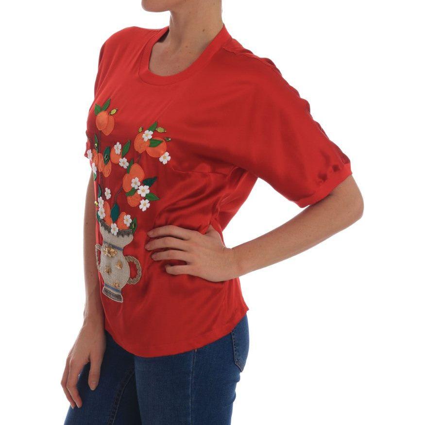 Dolce & Gabbana Red Silk Oranges Floral Crystal Blouse