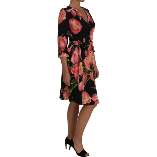 Dolce & Gabbana Elegant Black Shift Dress with Pink Tulips Print Dolce & Gabbana