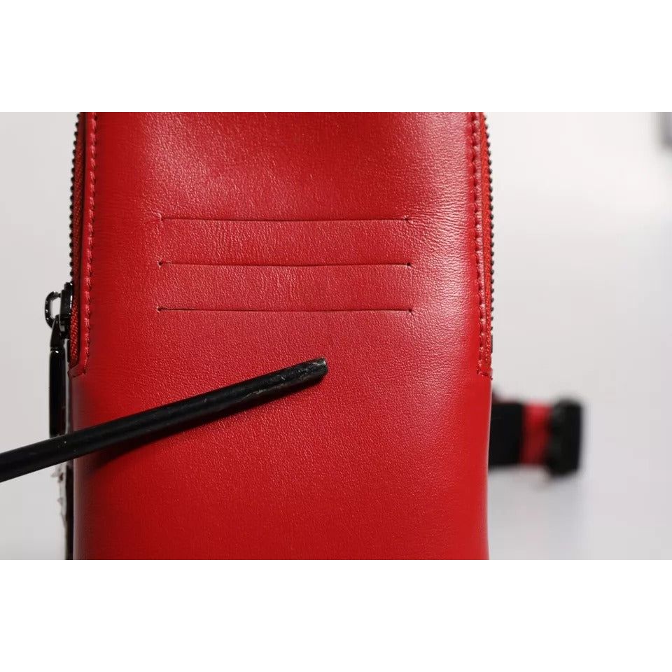 Dolce & Gabbana Red Leather Logo Zip Around Card Holder Wide Strap Wallet