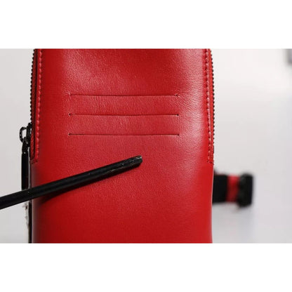 Dolce & Gabbana Red Leather Logo Zip Around Card Holder Wide Strap Wallet