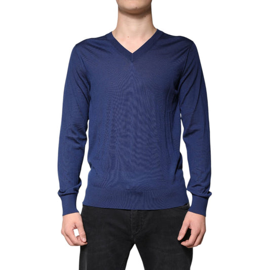 Dolce & Gabbana Navy Blue Cashmere V-neck Pullover Sweater