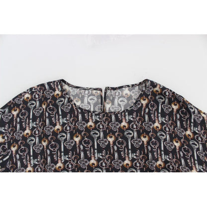 Dolce & Gabbana Gray Gold Key Print Silk Blouse T-shirt
