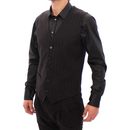 Dolce & Gabbana Black Striped Wool Logo Vest 1728,5% Elastane,67345645728,Black,Clothing,Dolce & Gabbana,IT48 | M,Material: 95% Viscose,Men,Men - Clothing,New with tags,Suits & Blazers - Clothing,Vests - Men - Clothing,Waistcoats - Suits & Blazers - Cloth