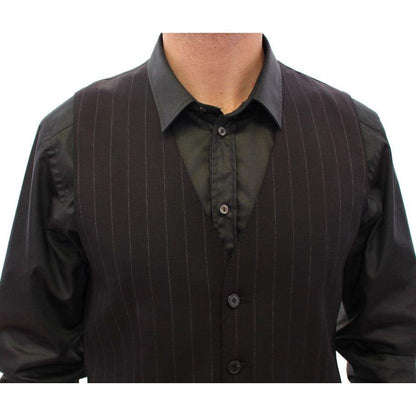 Dolce & Gabbana Black Striped Wool Logo Vest 1728,5% Elastane,67345645728,Black,Clothing,Dolce & Gabbana,IT48 | M,Material: 95% Viscose,Men,Men - Clothing,New with tags,Suits & Blazers - Clothing,Vests - Men - Clothing,Waistcoats - Suits & Blazers - Cloth