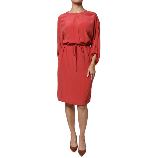 Peserico Red Long Sleeves Pencil Cut Drawstring Waist Dress