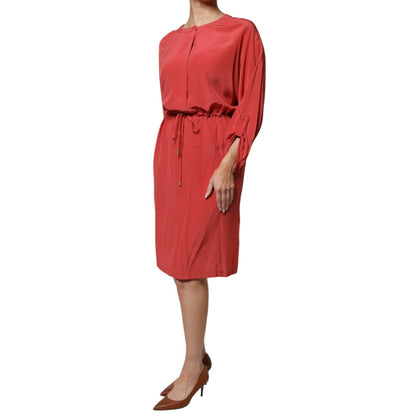 Peserico Red Long Sleeves Pencil Cut Drawstring Waist Dress