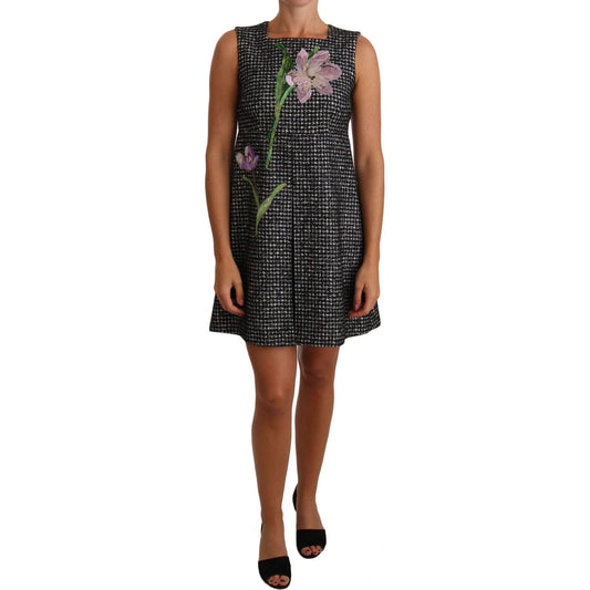 Dolce & Gabbana Gray Houndstooth Floral Appliqué Shift Mini Dress
