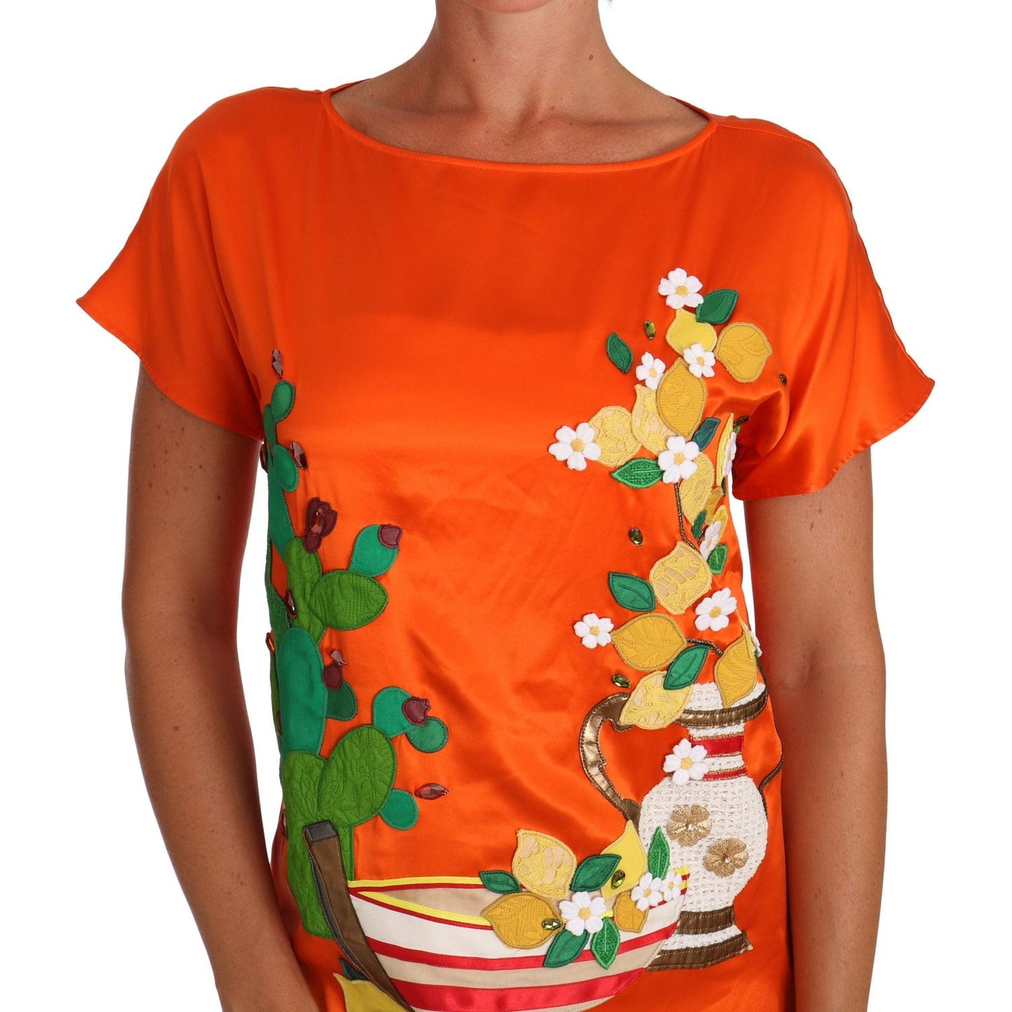 Dolce & Gabbana Silk Orange Lemon Crystal T-shirt Top