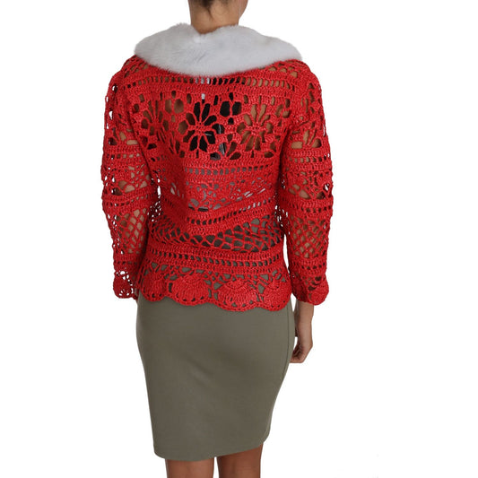 Dolce & Gabbana Elegant Red Crochet Knit Cardigan with Fur Collar Dolce & Gabbana