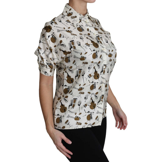 Dolce & Gabbana Silk Musical Instrument Print Polo Top Dolce & Gabbana