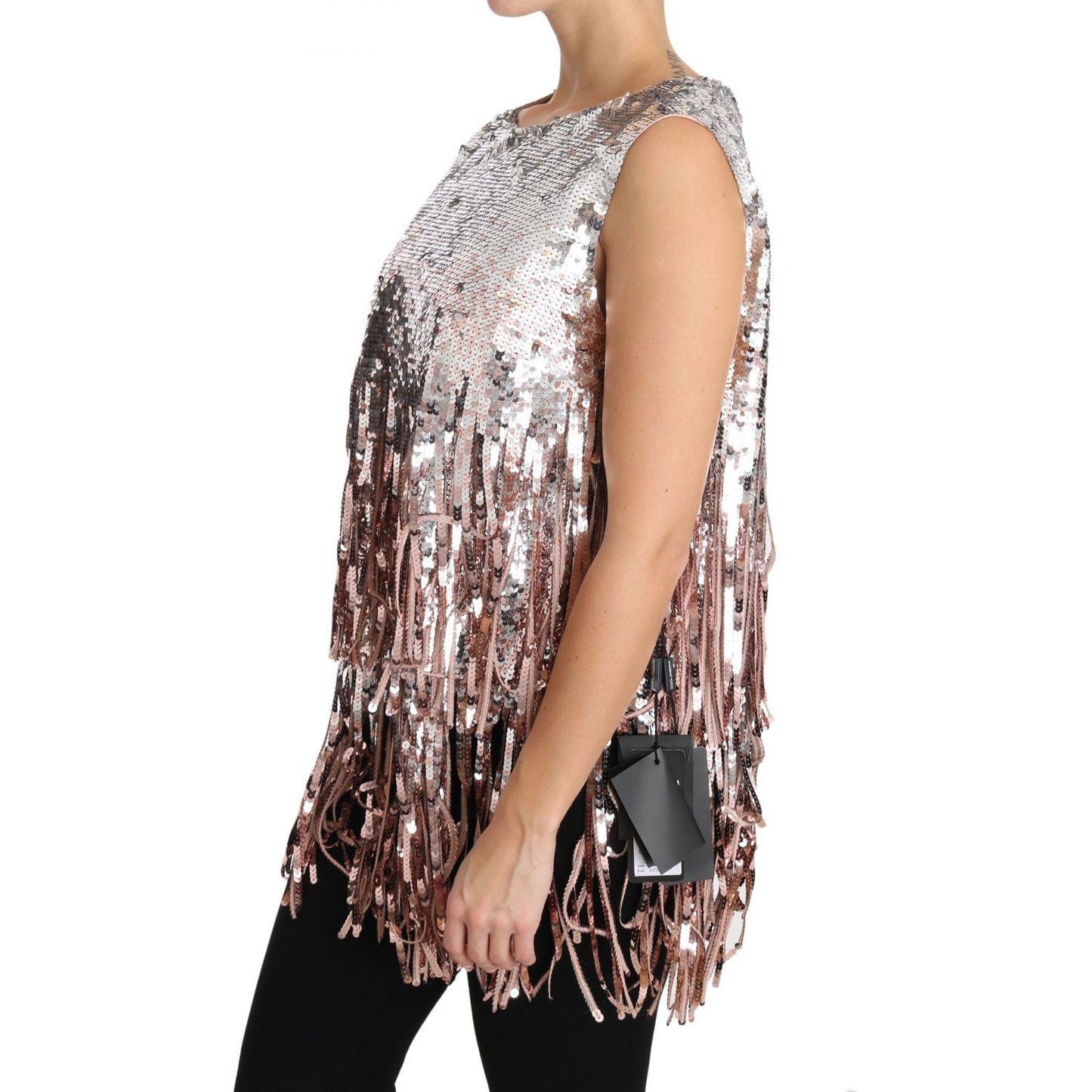 Dolce & Gabbana Golden Pink Sequined Fringe Elegance Top Dolce & Gabbana