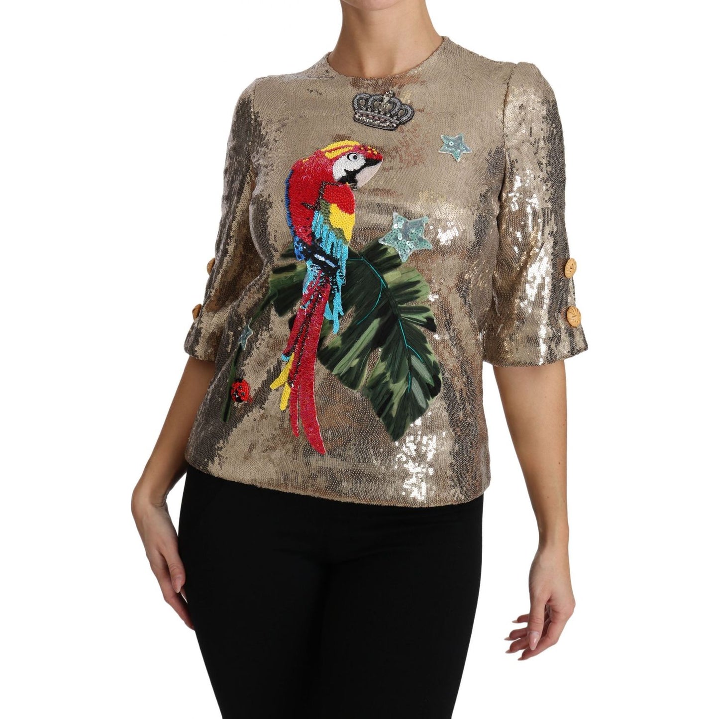 Dolce & Gabbana Gold Parrot Motif Crewneck Blouse with Crystals Dolce & Gabbana