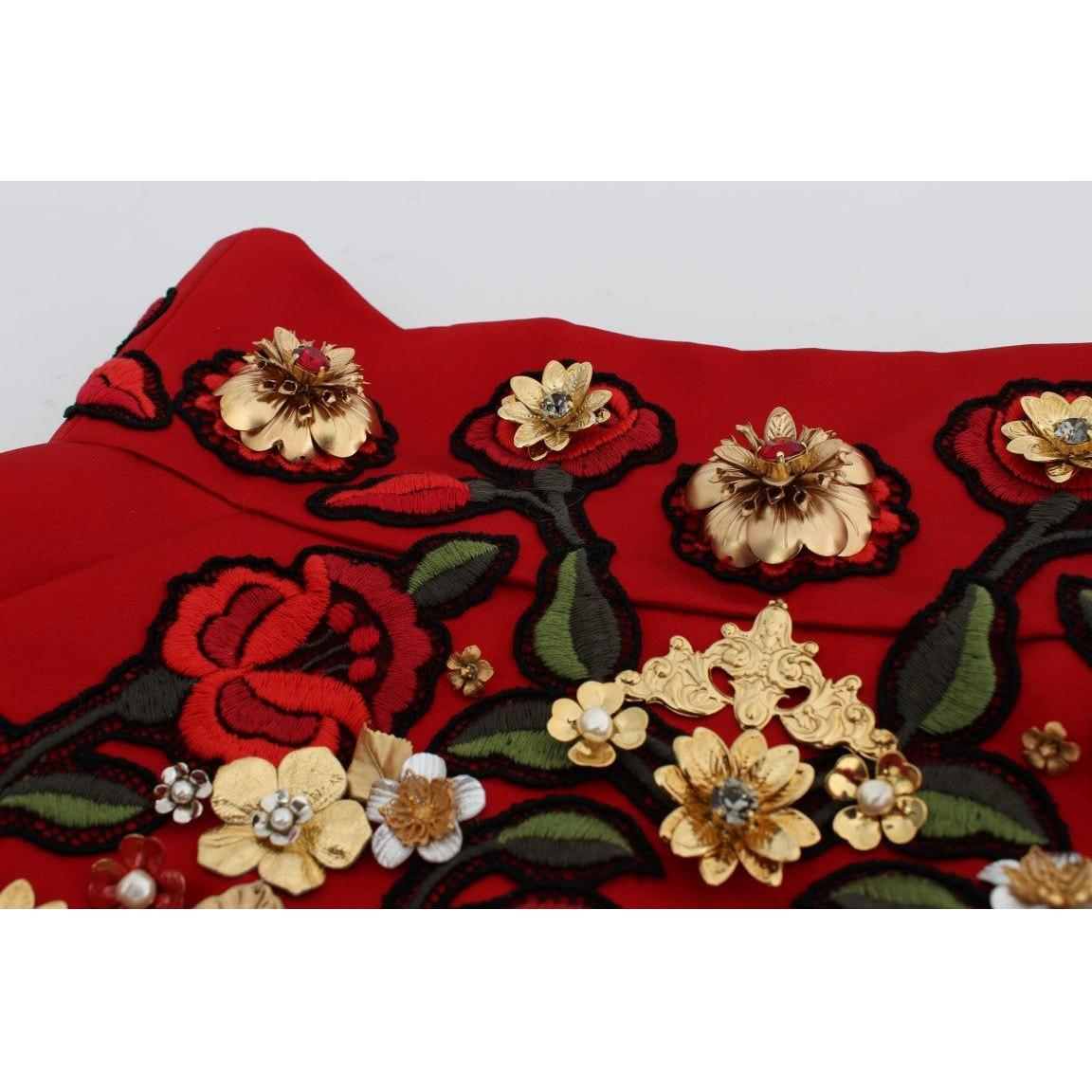 Dolce & Gabbana Red Silk Crystal Roses Shorts