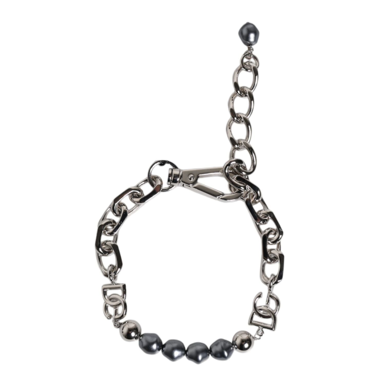 Dolce & Gabbana Silver Tone Chain Lobster Clasp Logo Gray Pearls Bracelet