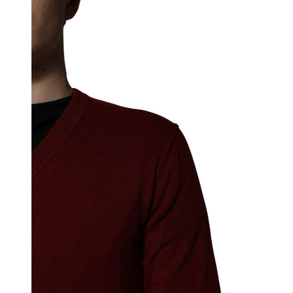 Dolce & Gabbana Maroon Cashmere V-neck Men Pullover Sweater