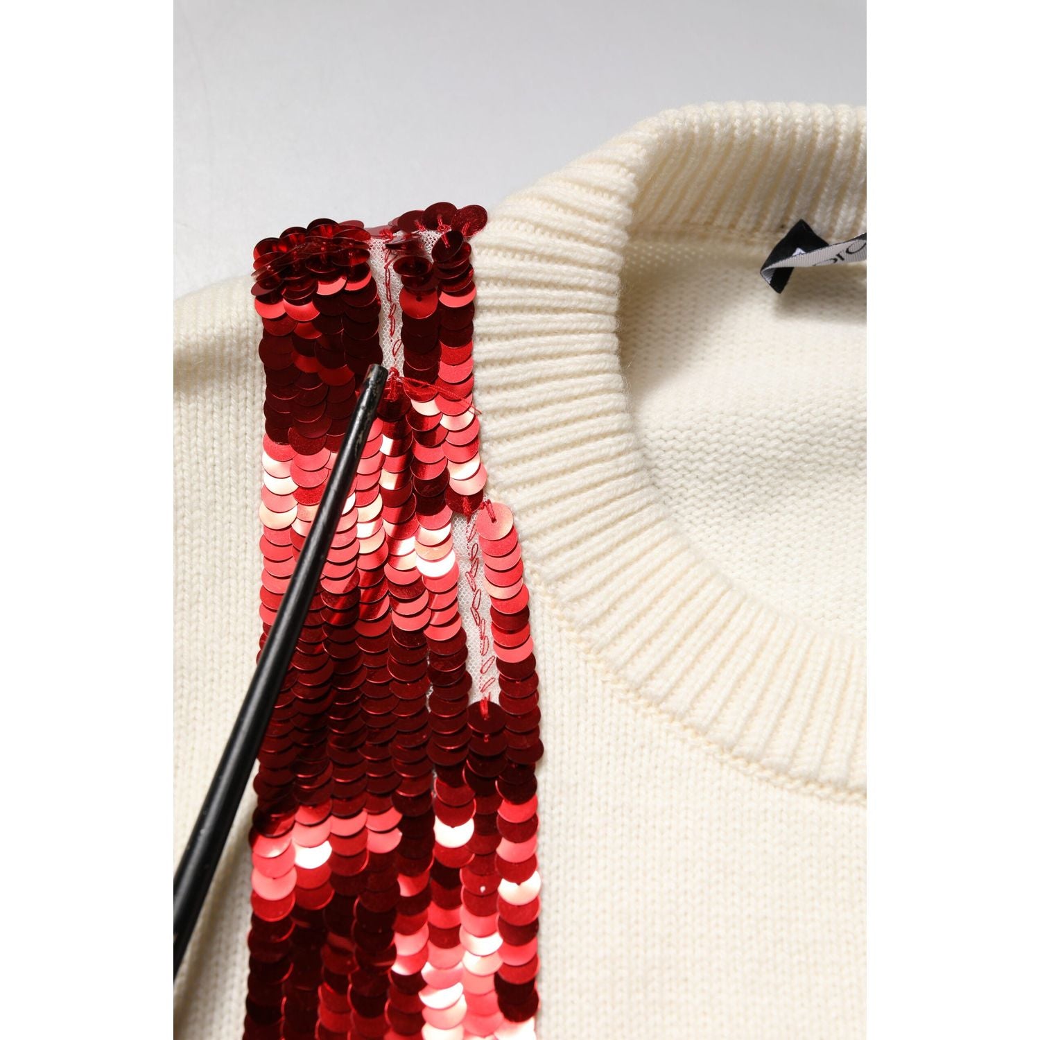 Dolce & Gabbana White Sequined Crew Neck Pullover Sweater