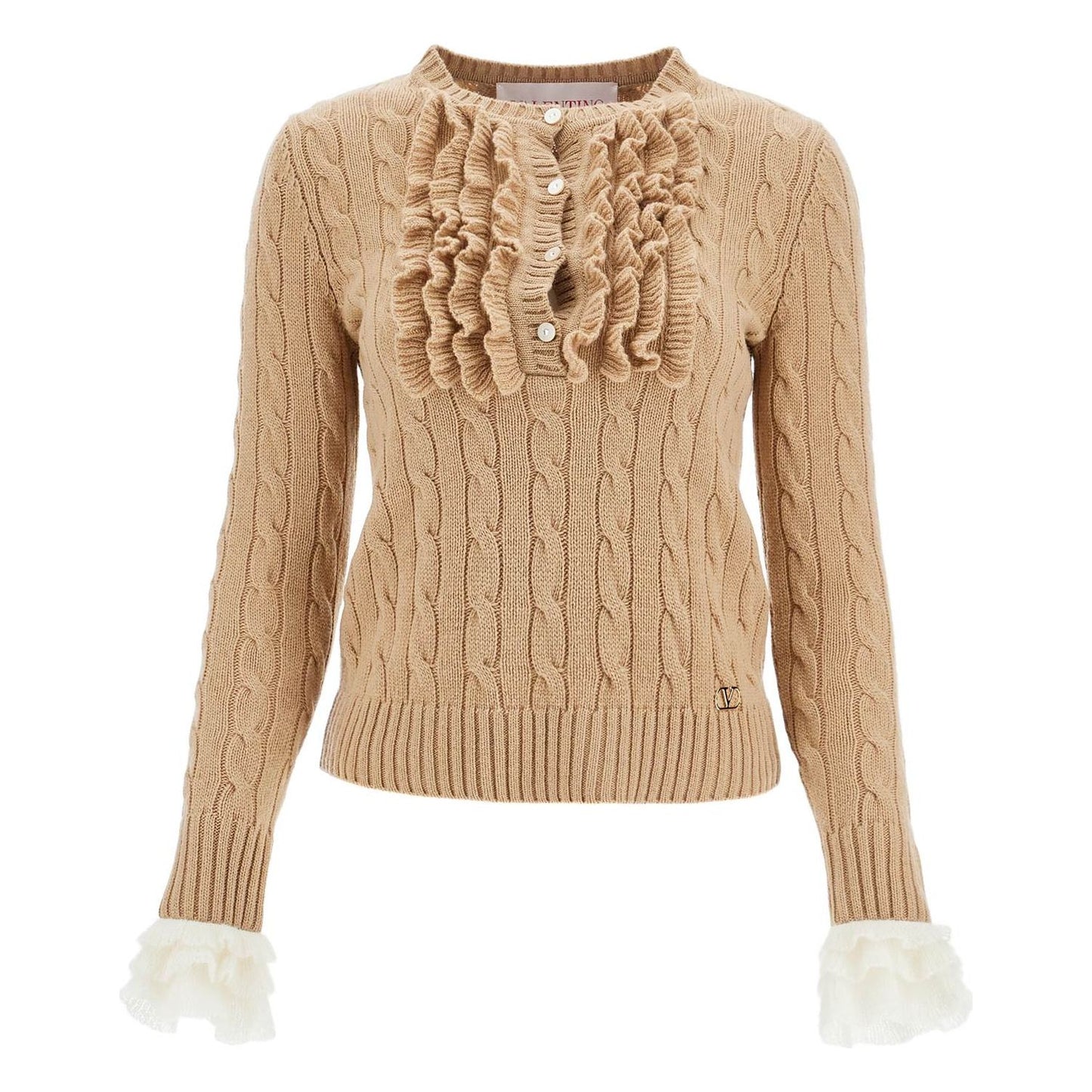 Valentino Garavani beige and ivory cable knit crew neck sweater Knitwear Valentino Garavani