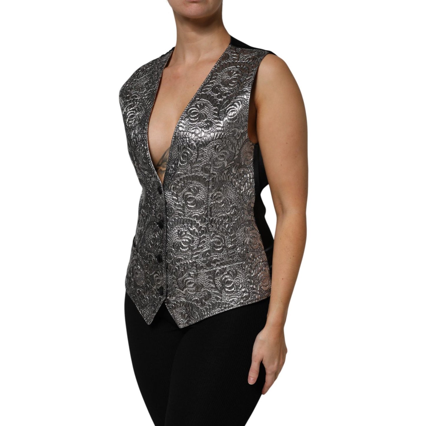 Dolce & Gabbana Silver Floral Jacquard Sleeveless Vest Top