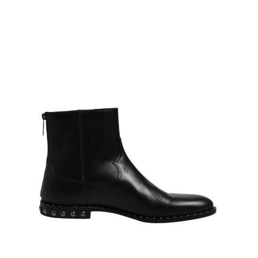 Dolce & Gabbana Black Leather Logo Ankle Boots Studded Shoes