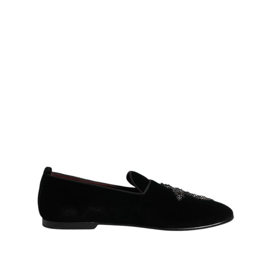 Dolce & Gabbana Black Velvet Embellished Loafer Slip On Shoes