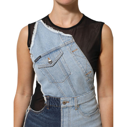 Dolce & Gabbana Blue Nylon Patchwork Denim Sheath Mini Dress