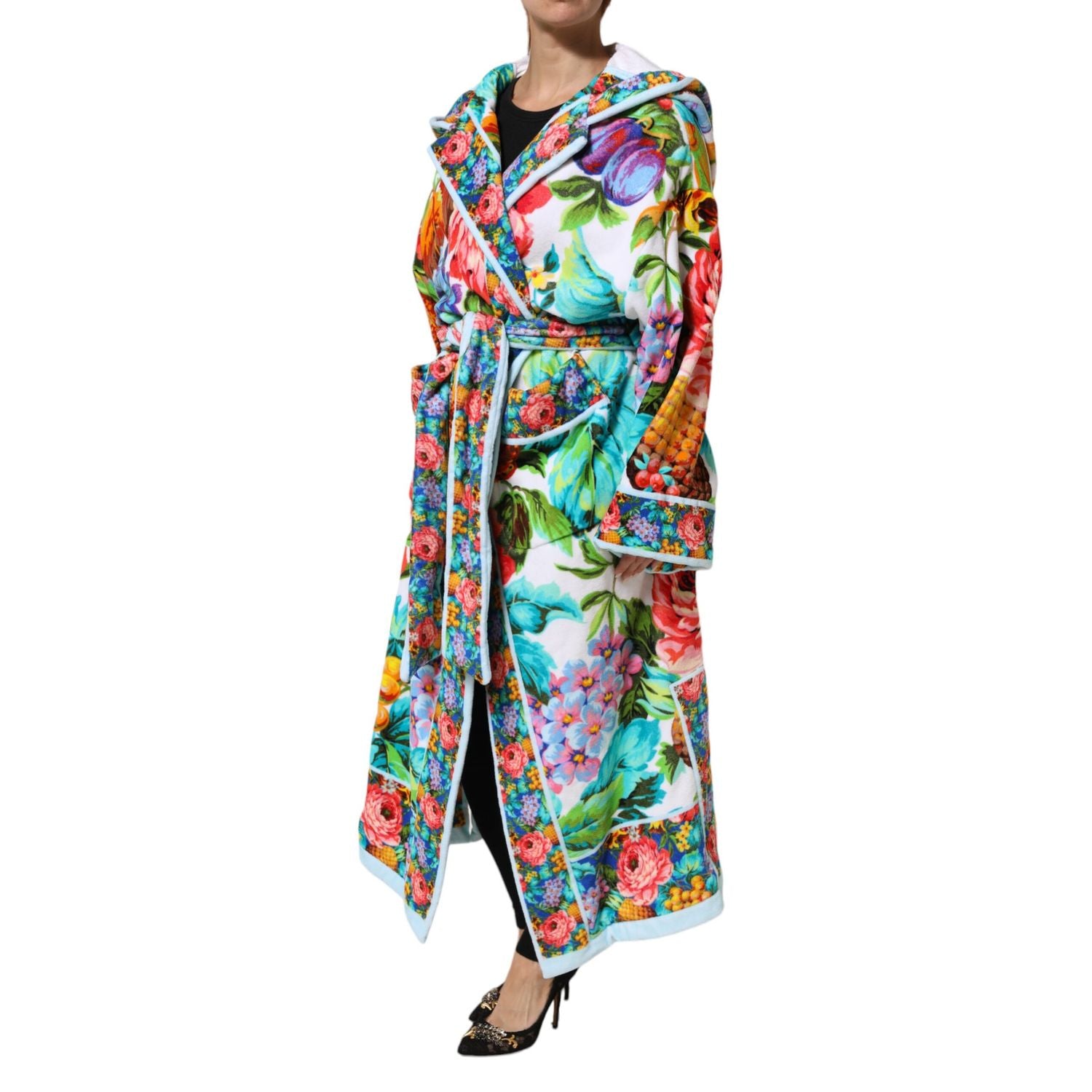 Dolce & Gabbana Multicolor Floral Print Belted Bathrobe Coat Jacket