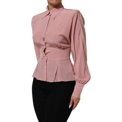 Dolce & Gabbana Pink Silk Collared Long Sleeves Blouse Top