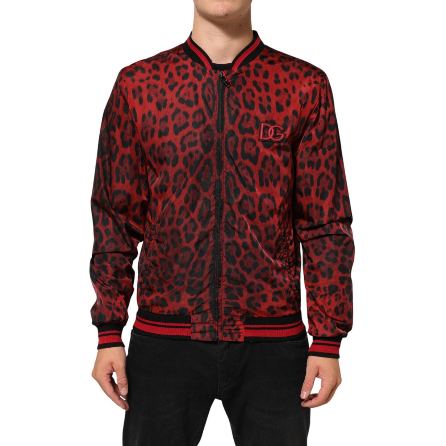 Dolce & Gabbana Red Leopard Print Full Zip Bomber Jacket