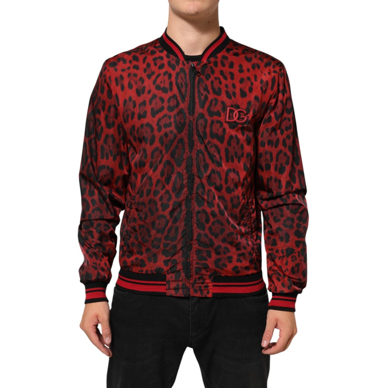 Dolce & Gabbana Red Leopard Print Full Zip Bomber Jacket