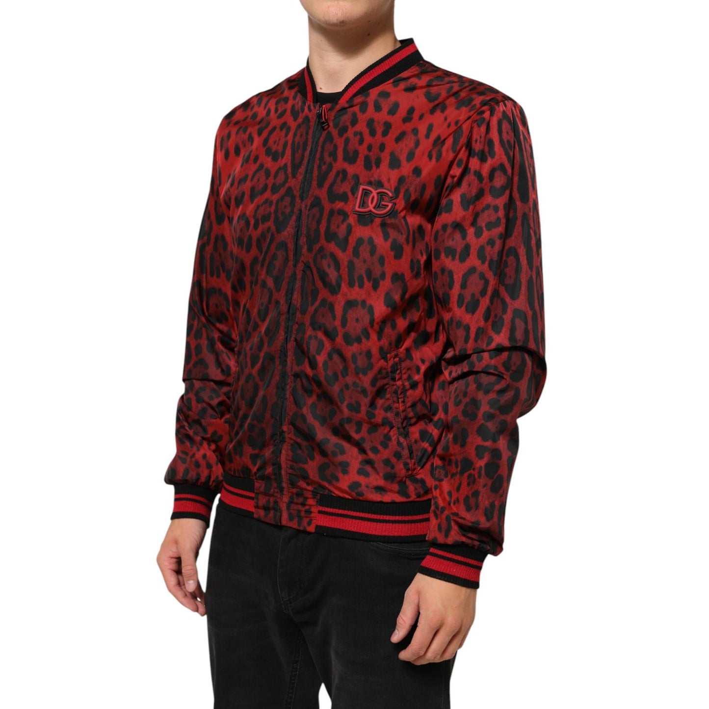 Dolce & Gabbana Red Leopard Print Full Zip Bomber Jacket