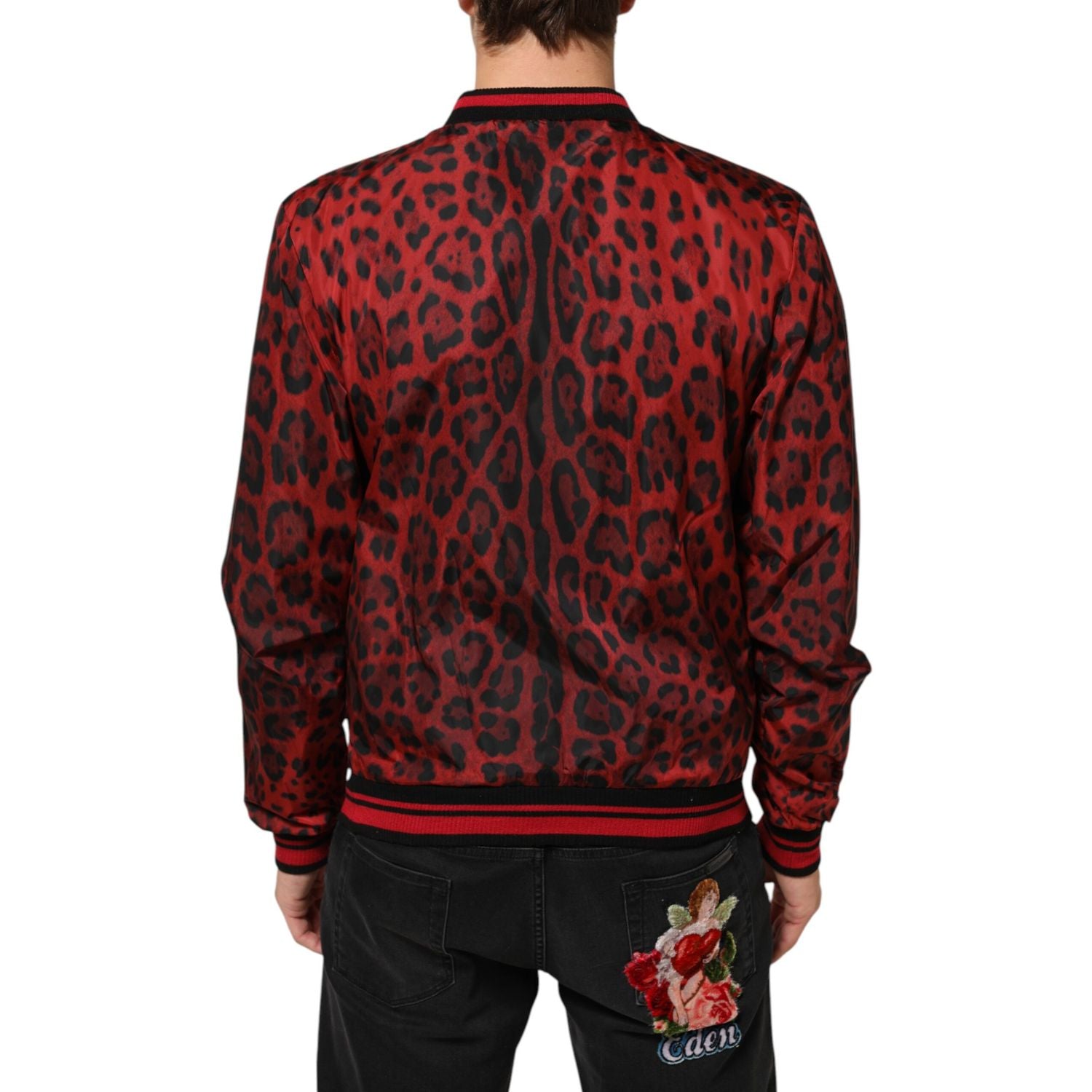 Dolce & Gabbana Red Leopard Print Full Zip Bomber Jacket
