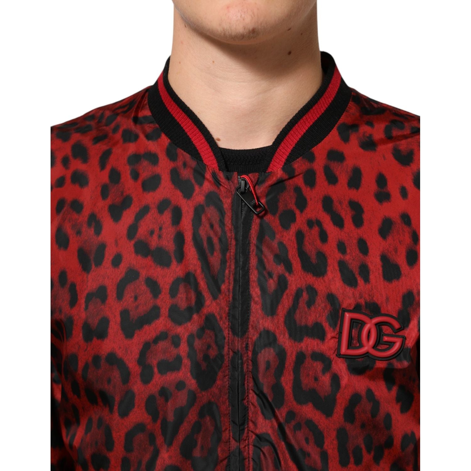 Dolce & Gabbana Red Leopard Print Full Zip Bomber Jacket