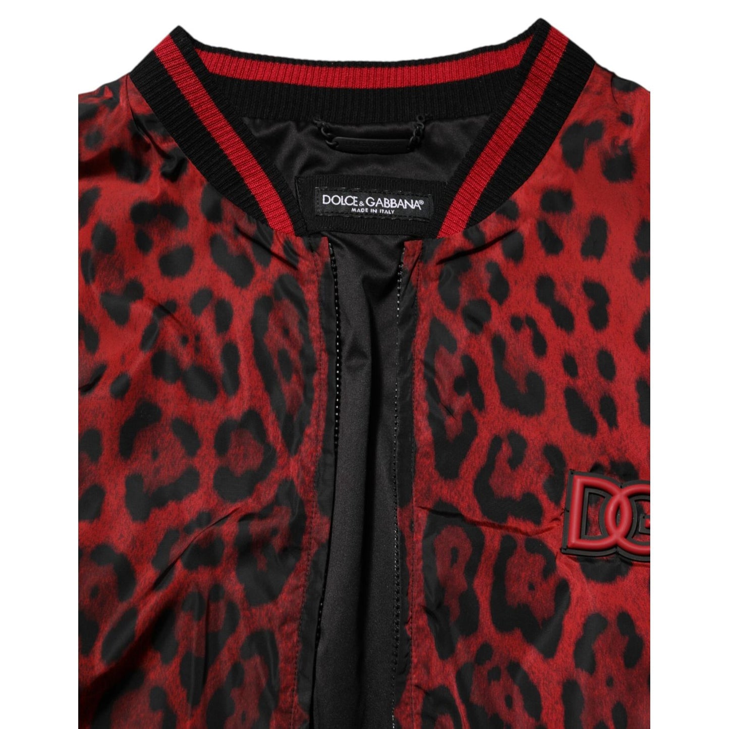 Dolce & Gabbana Red Leopard Print Full Zip Bomber Jacket