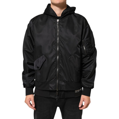 Dolce & Gabbana Black Nylon Hooded Full Zip Bomber Men Jacket