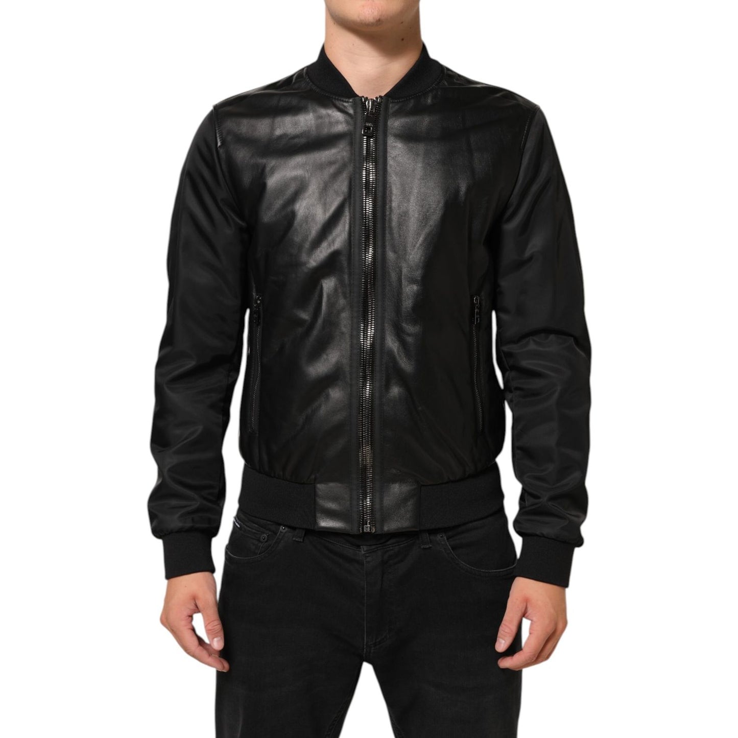 Dolce & Gabbana Black Leather Nylon FullZip Blouson Jacket