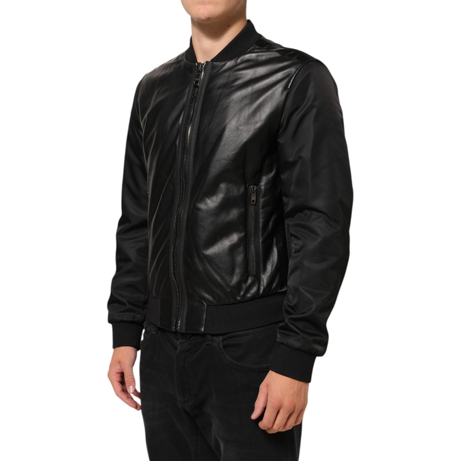 Dolce & Gabbana Black Leather Nylon FullZip Blouson Jacket